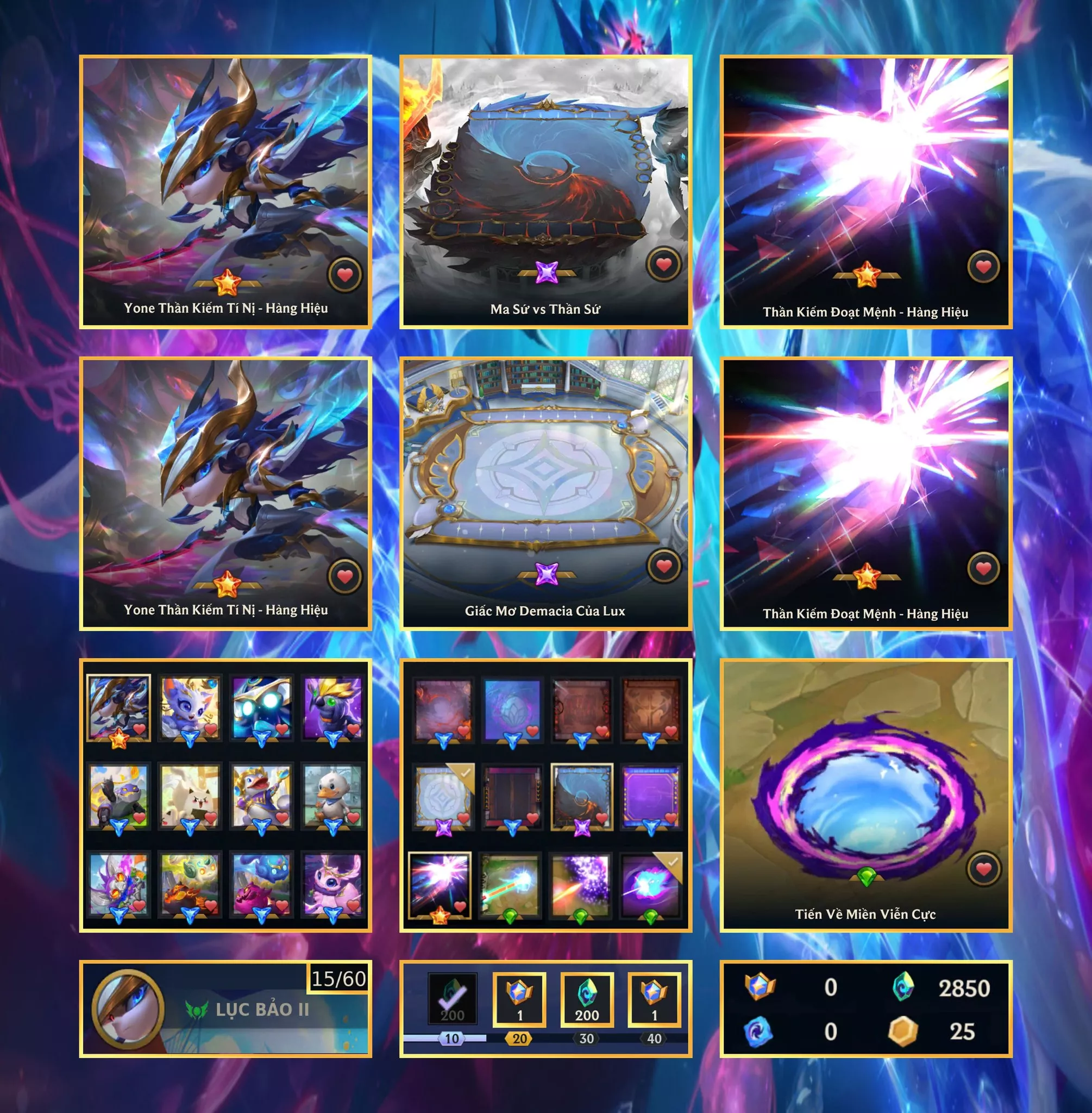 📮Combo TFT Hàng Hiệu Cực Vip - Full Hàng Hiệu ✅ Yone Thần Kiếm Tí Nị - Hàng Hiệu 🌠 Sàn - Ma Sứ vs Thần Sứ 🌠 Sàn - Giấc Mơ Demacia Của Lux ⬆️ Chưởng - Thần Kiếm Đoạt Mệnh - Hàng Hiệu ➡️ Dư 2.850 Pha Lê  ✅ 3 Cổng Dịch Chuyển Vip🍁 Có Thẻ Đổi Tên Nhân Vật Miễn Phí